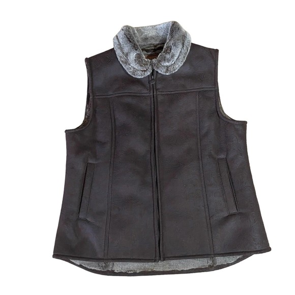 Outback Trading Company Jackets & Blazers - Womens Outback TRADING Brown Faux Tooled SUEDE Zip Vest Grey Faux Fur Lined XL